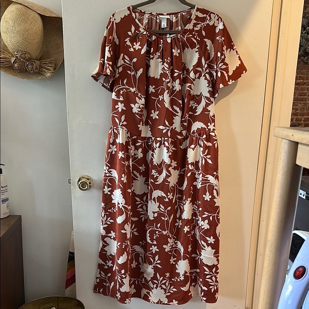 Pumpkin orange and cream floral midi dress